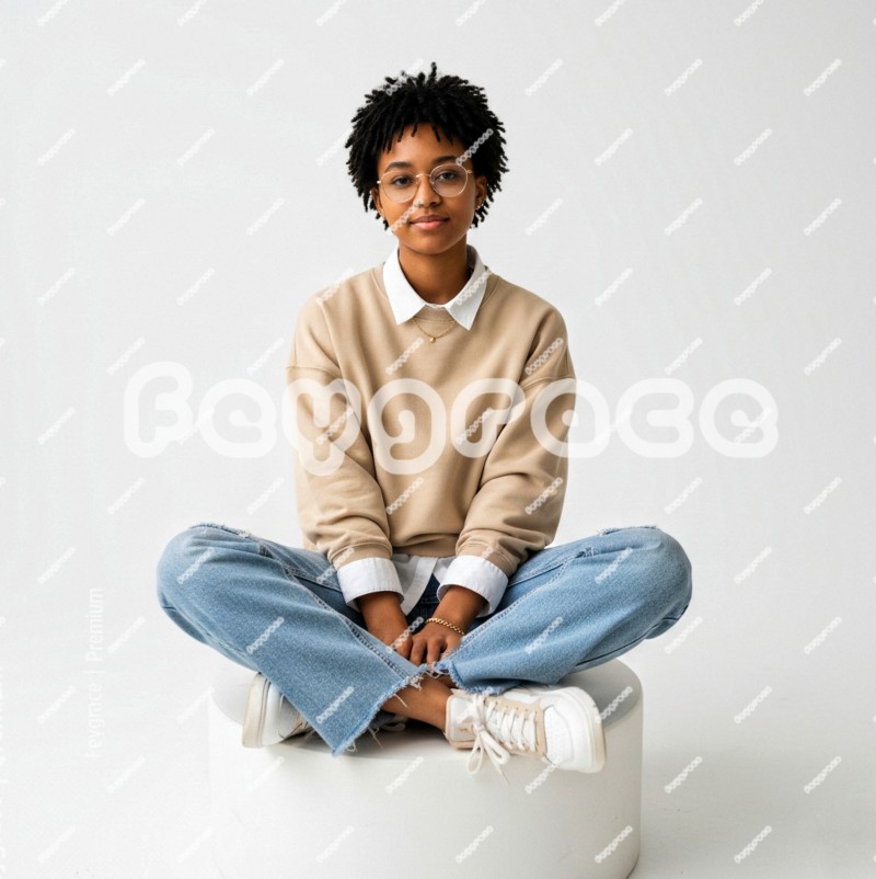 Stylish Woman On Beige Sweatshirt and Blue Cargo Jeans on Round Sofa