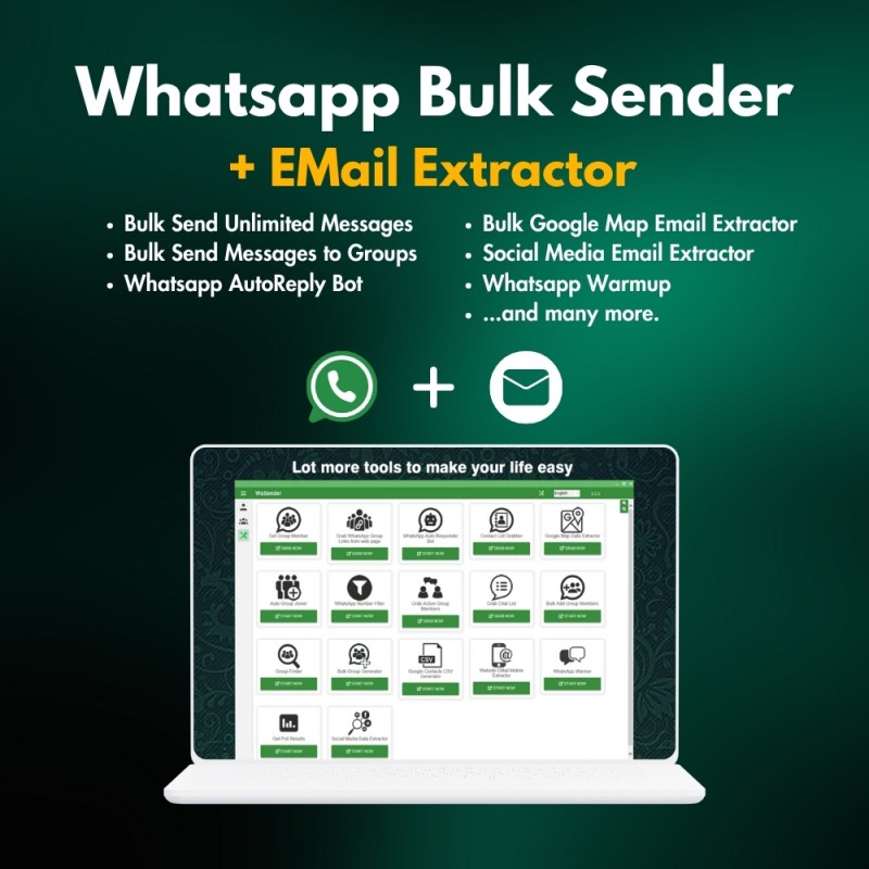 Whatsapp Bulk Sender + Group Sendr + EMail Extractor + Whatsapp Auto Rely Bot