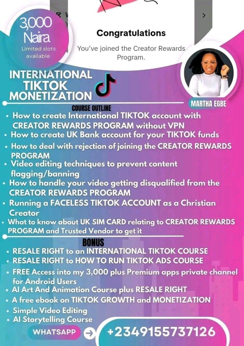 Buy INTERNATIONAL TIKTOK MONETIZATION COURSE by Martha Egbe on Selar
