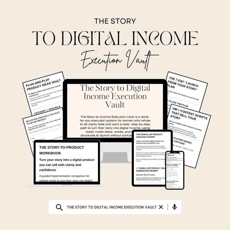 The Story-to-Income Execution Vault: A done-for-you execution system that helps you turn your story into income immediately, with a clear step-by-step path and zero guesswork.