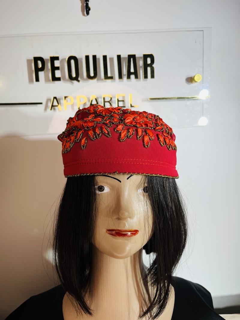 Blood Red Elegant Beaded Floral Wrap-Style Turban