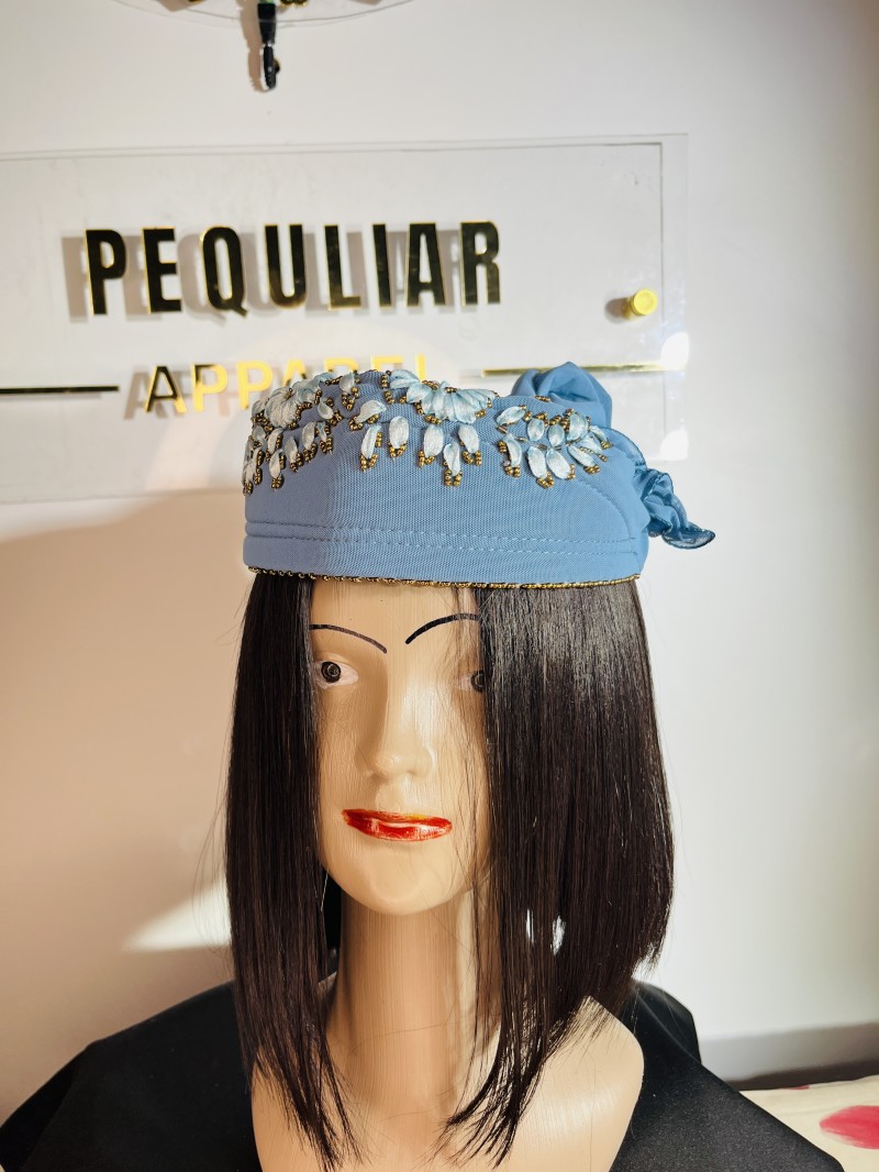 Cloud Blue Elegant Beaded Floral Wrap-Style Turban