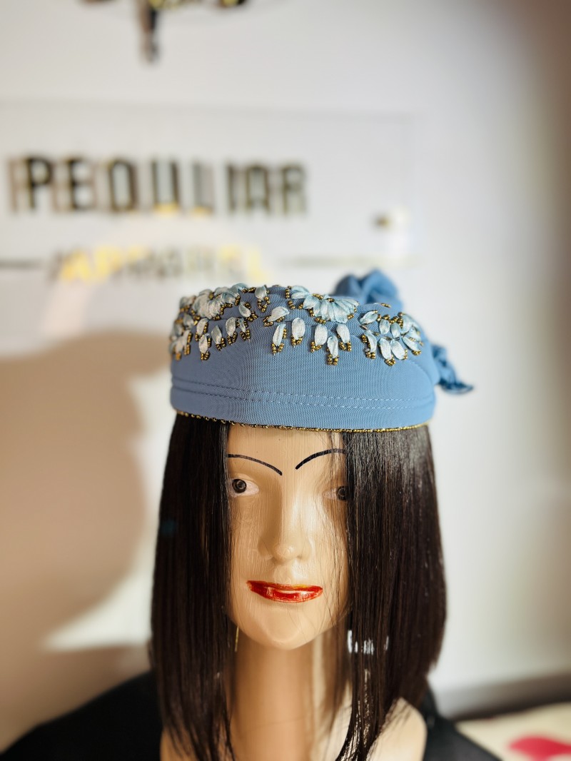 Cloud Blue Elegant Beaded Floral Wrap-Style Turban