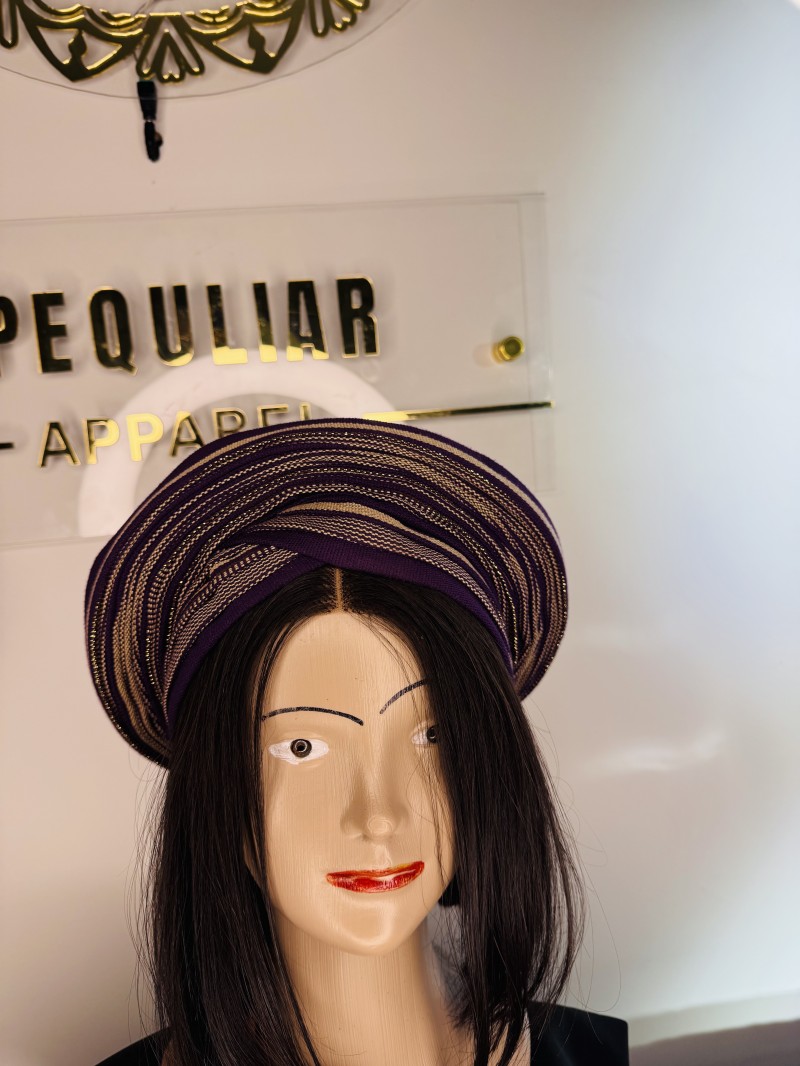 Royal Radiance Aso Oke Auto Gele In Nude, Purple & Gold