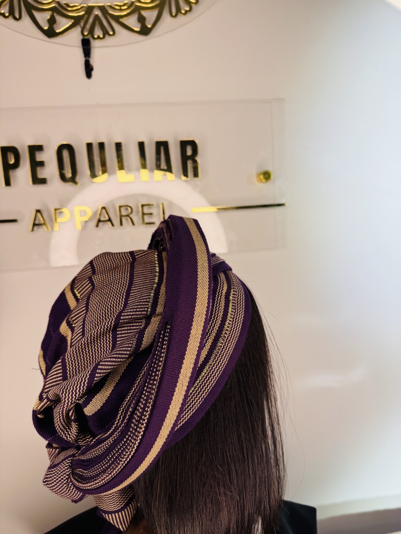 Royal Radiance Aso Oke Auto Gele In Nude, Purple & Gold