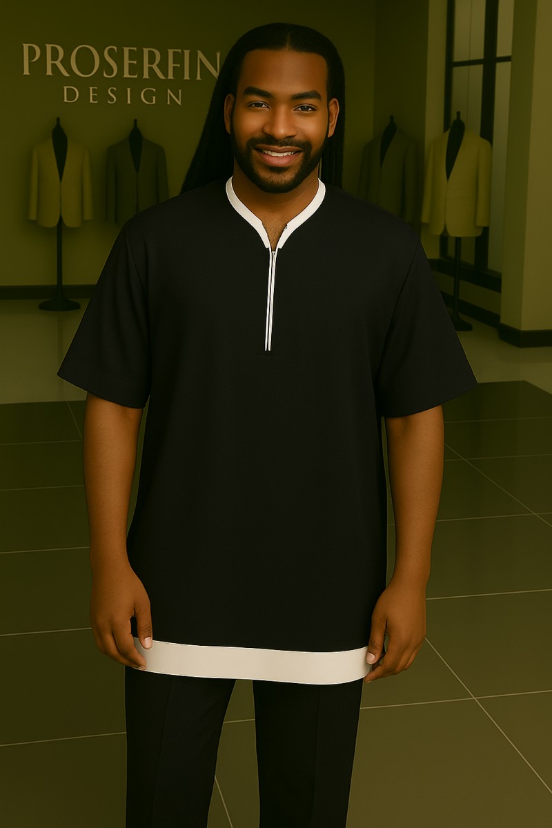 Black tunic featuring crisp white trim at the collar and hem.