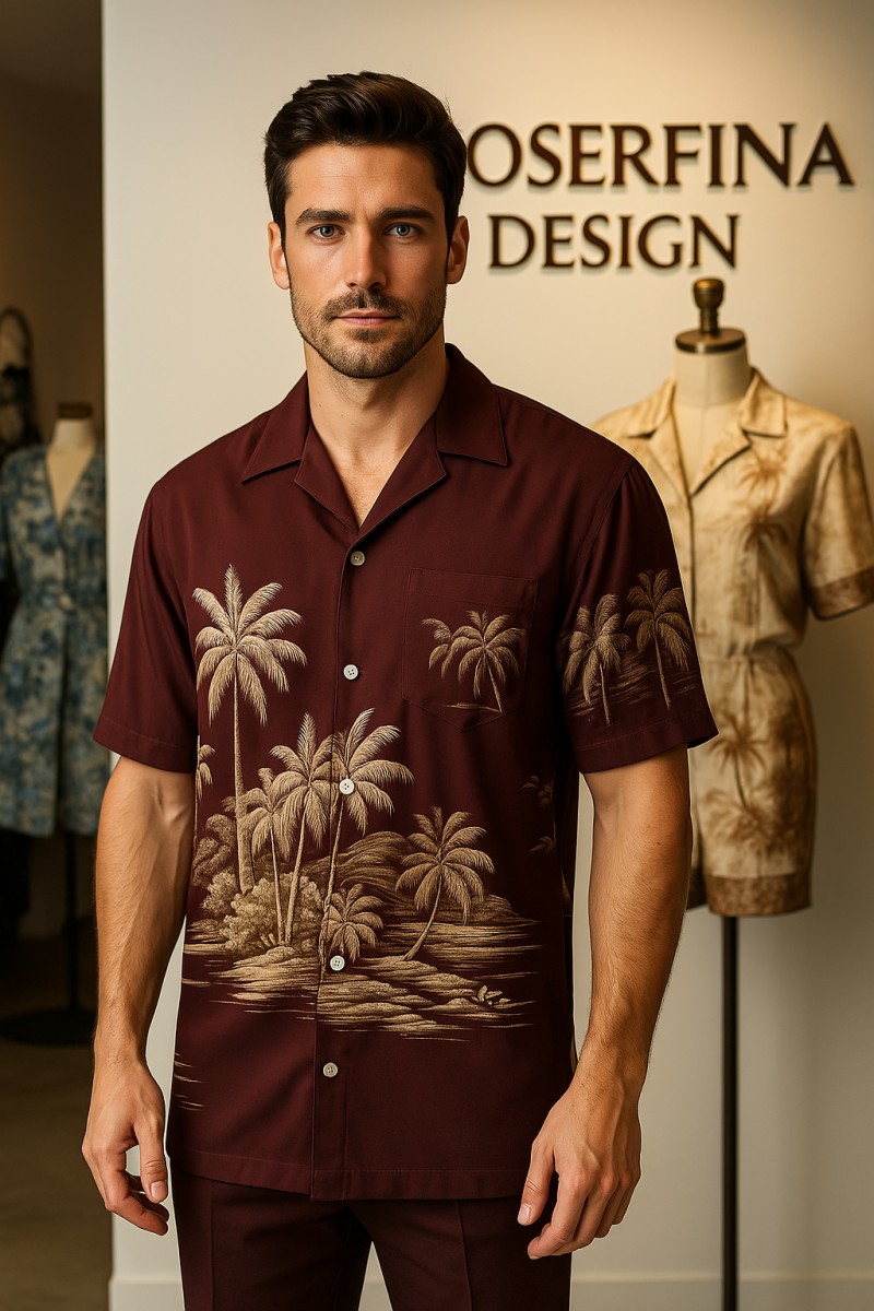 Brown Casual men's Shirt Set in deep maroon, with detailed palm tree and island landscap, button down front.
