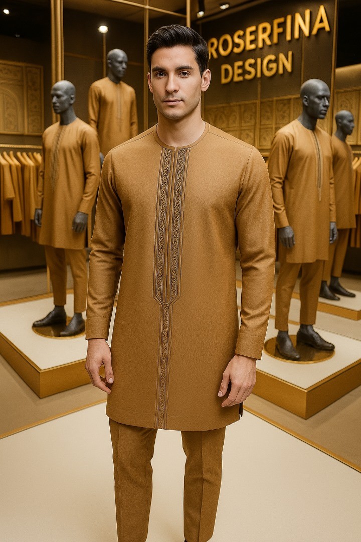 Brown color stylish men's tunic outfit , Long sleeve , with intricate vertical embroidery down the front, Paired with matching trouser.