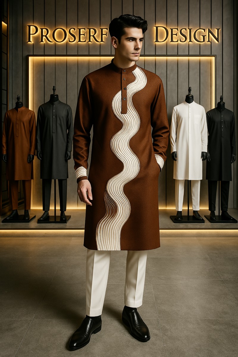 Brown Long-sleeve traditional tunic paired with cream-colored trouser .