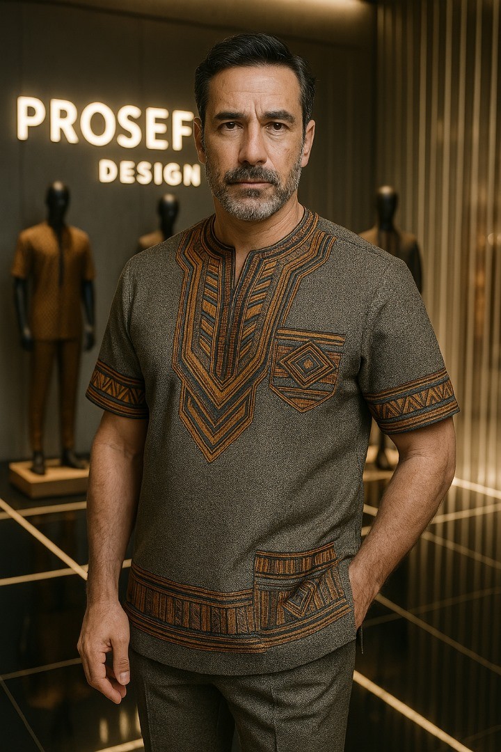 Dark Gray men's traditional wear with intricate brown and orange geometric embroidery, spilt collar , Short sleeve , paired with matching pant .