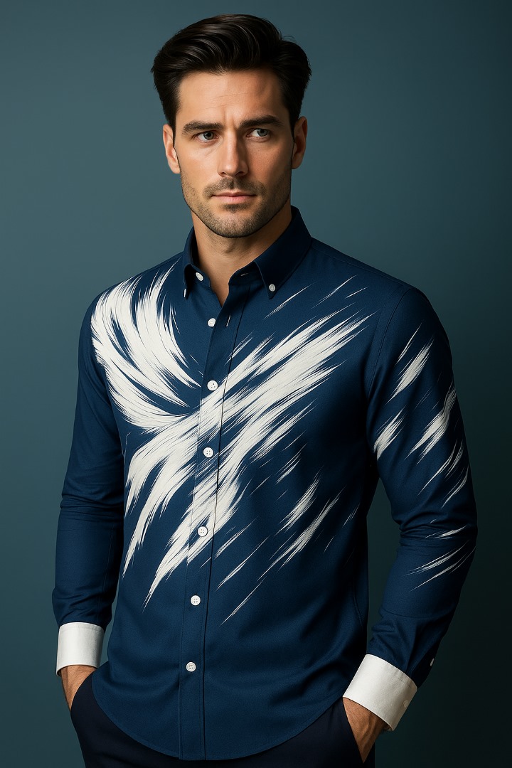 Deep Navy Blue , Long  Sleeves , with bold white brusstroke patterns .