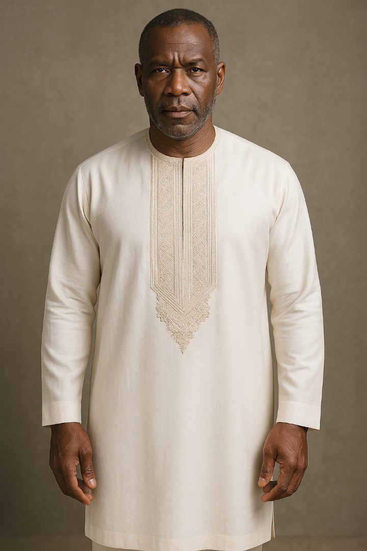 Elegant Men's traditional outfit in a soft cream color, Long sleeve, Intricate embroidery