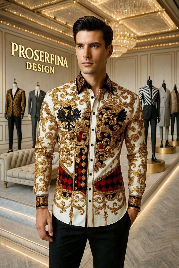 Luxurious Men's Shirt, Long Sleeve, with an gold swirl and ornate, accented by bold Red and Black diamond shapes and two black heraldic eagles on the chest.  Limited Edition: Only 5 pieces available.