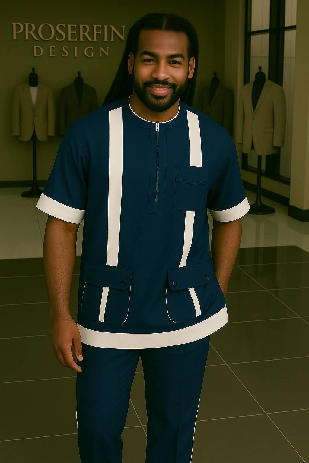 Modern Navy Two-Piece Set, designed with bold white vertical stripes and contrasting cuffs for a clean, modern look