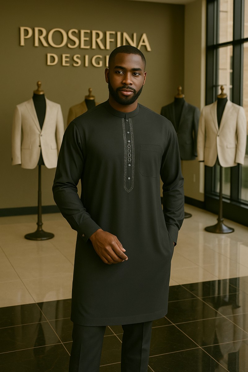 Sleek Black Traditional men's kaftan, Long Sleeves With Embroidery in the front