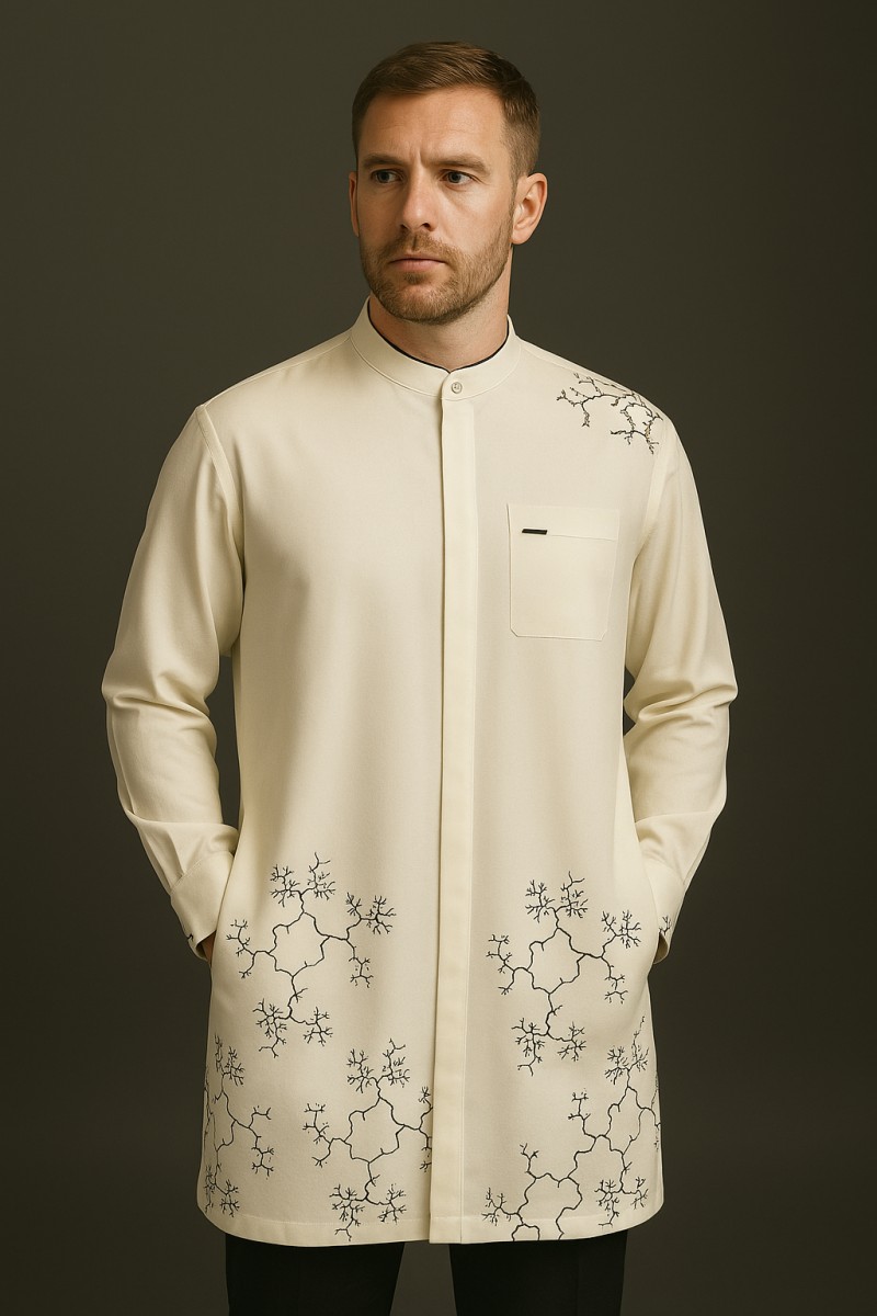 Sleek Cream-colored Long Sleeve with Minimalist Design With Black Trouser, Stand-up collar and a concealed button, a chest pocket, Elegant black branch design.