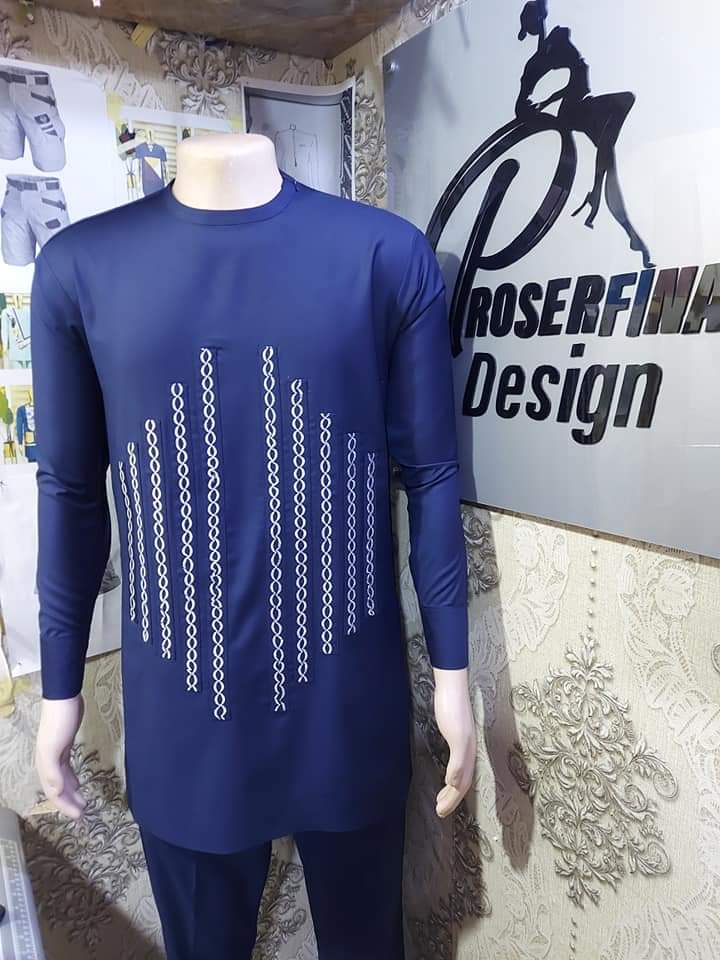 Sleek Navy Blue Long sleeve with Round Neck and matching trouser, White chain pattern monogram design in a geometric style.