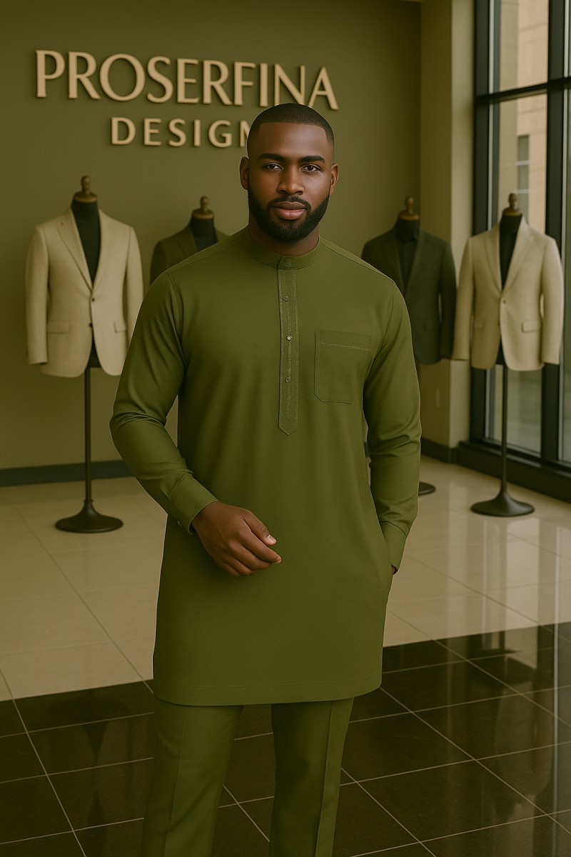 Sleek Olive Green traditional men's Kaftan, Long Sleeves