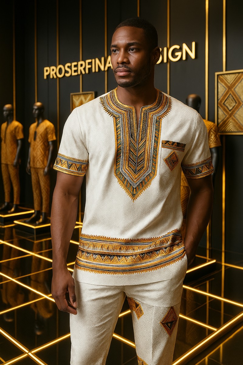 Traditional-Inspired Men's Outfit in Cream Fabric, Rechly detailed with Geometric patterns