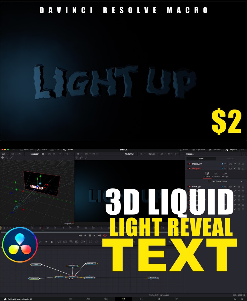 💧 3D LIQUID LIGHT REVEAL TEXT | Fusion Macro for DaVinci Resolve