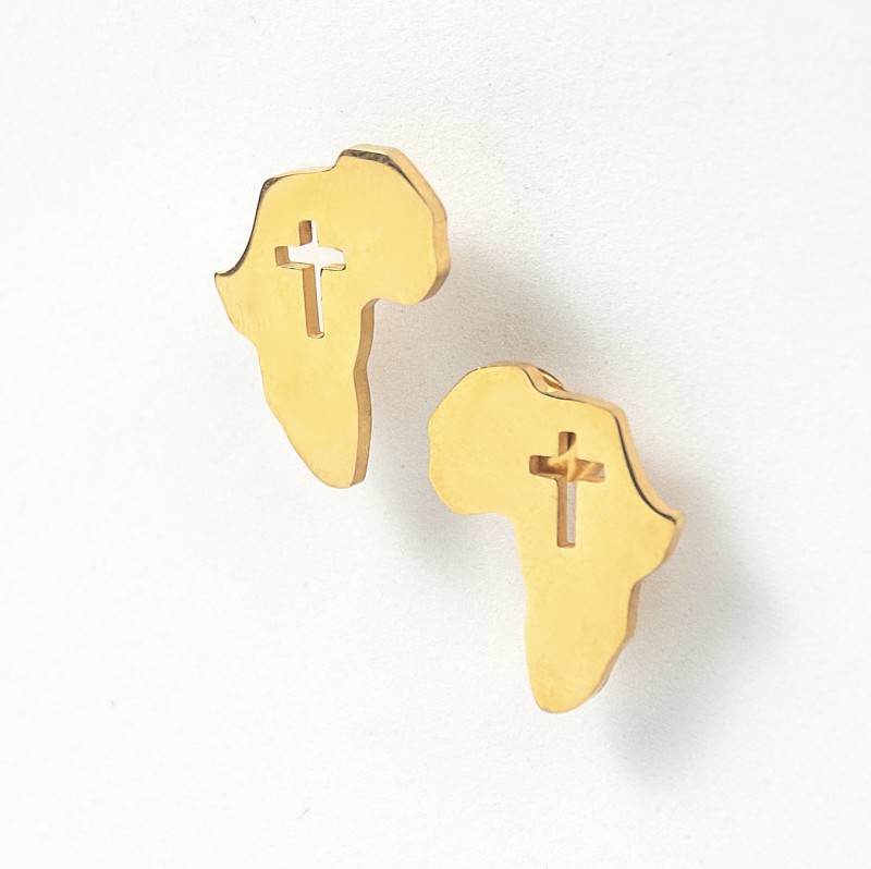 Africa Map Shaped Stud Earrings with Hollow Cross