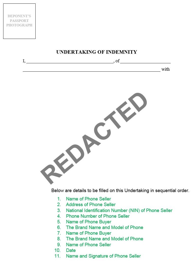 Undertaking of Indemnity