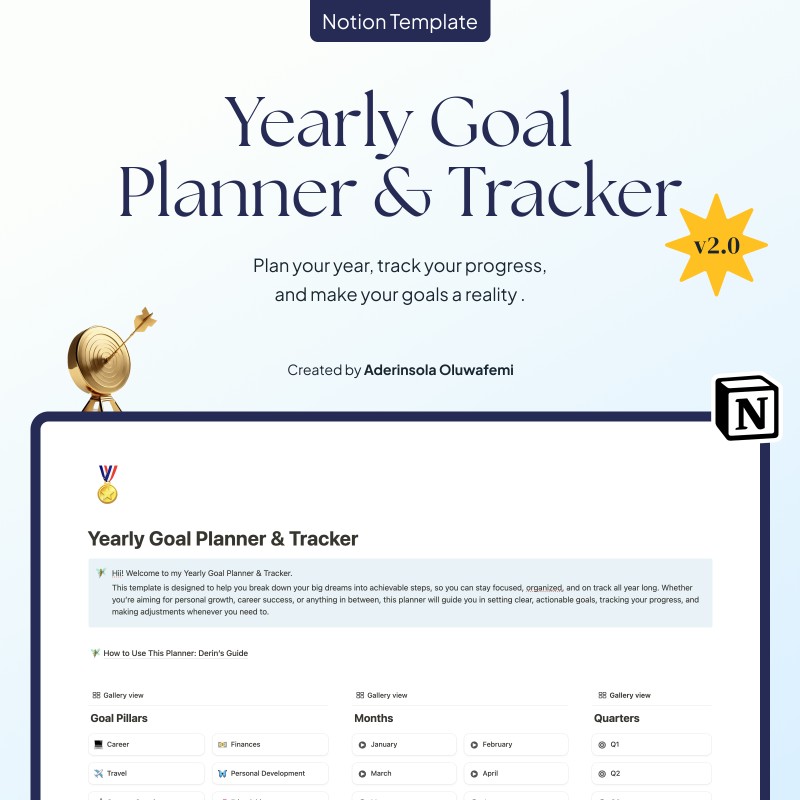 Yearly Goal Planner & Tracker v2.0 - Notion Template