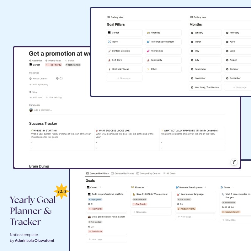 Yearly Goal Planner & Tracker v2.0 - Notion Template