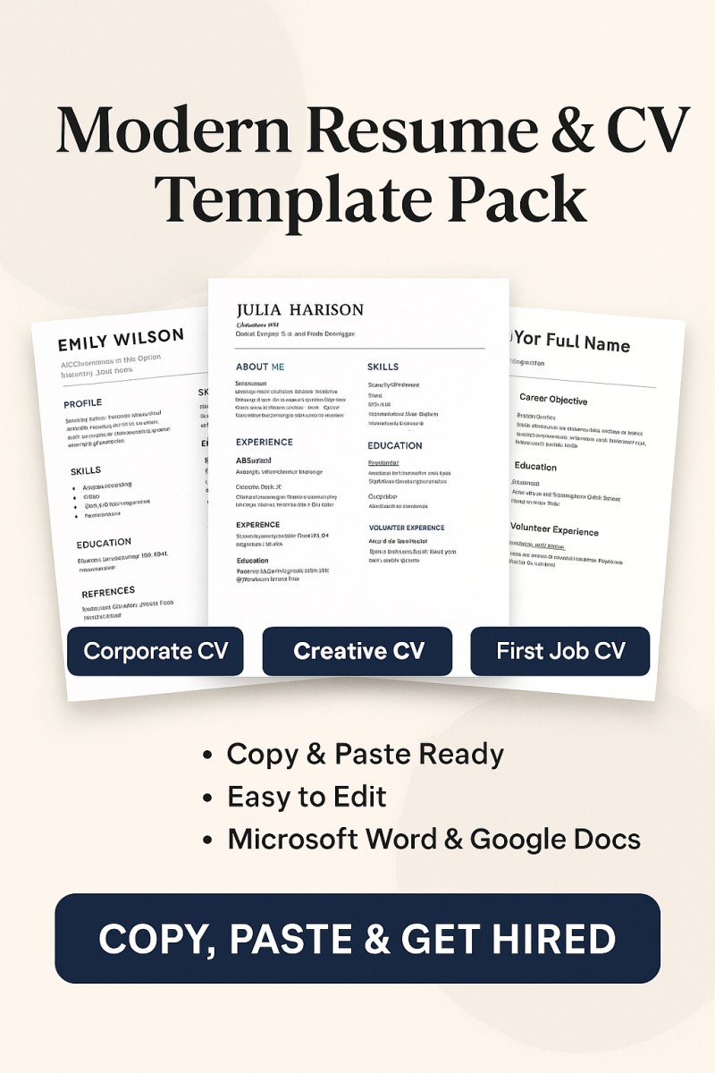 Modern Resume & CV Template Pack (Copy, Paste & Get Hired!)
