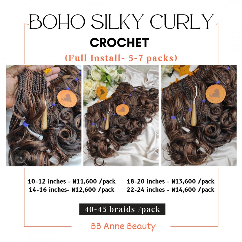 BOHO SILKY FRENCH CURL CROCHET BRAIDS | Full Head: 6 packs (210 strands)