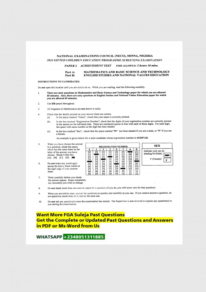 National Gifted Entrance Examination Past Questions & Answers, Suleja