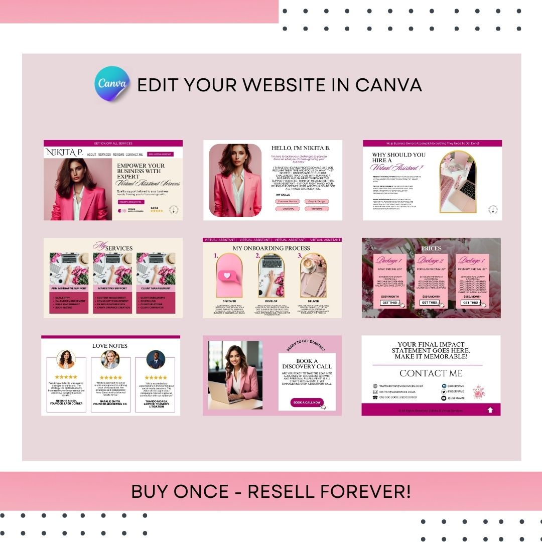 Pink - Virtual Assistant Canva Website Template (PLR)
