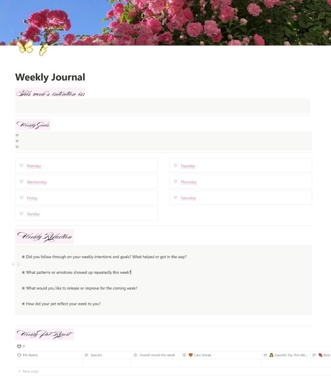 Interactive Weekly Planner with Pet Space [Notion Template]
