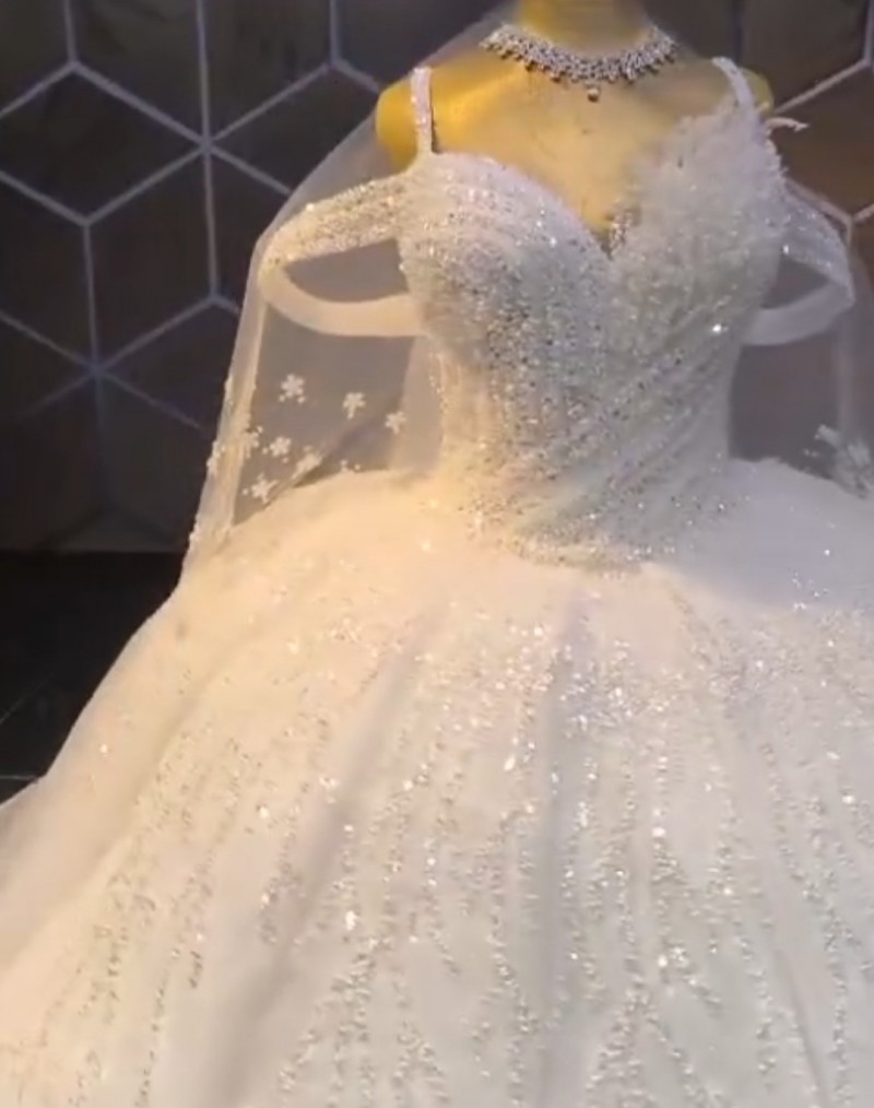 Custom Luxury Crystal Beaded Ball Gown Wedding Dress with Pearls + Free Shipping