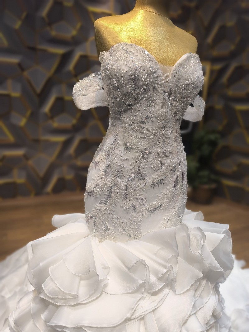 Fairytale Mermaid Wedding Dress with Sparkling Beads and Layered Ruffles