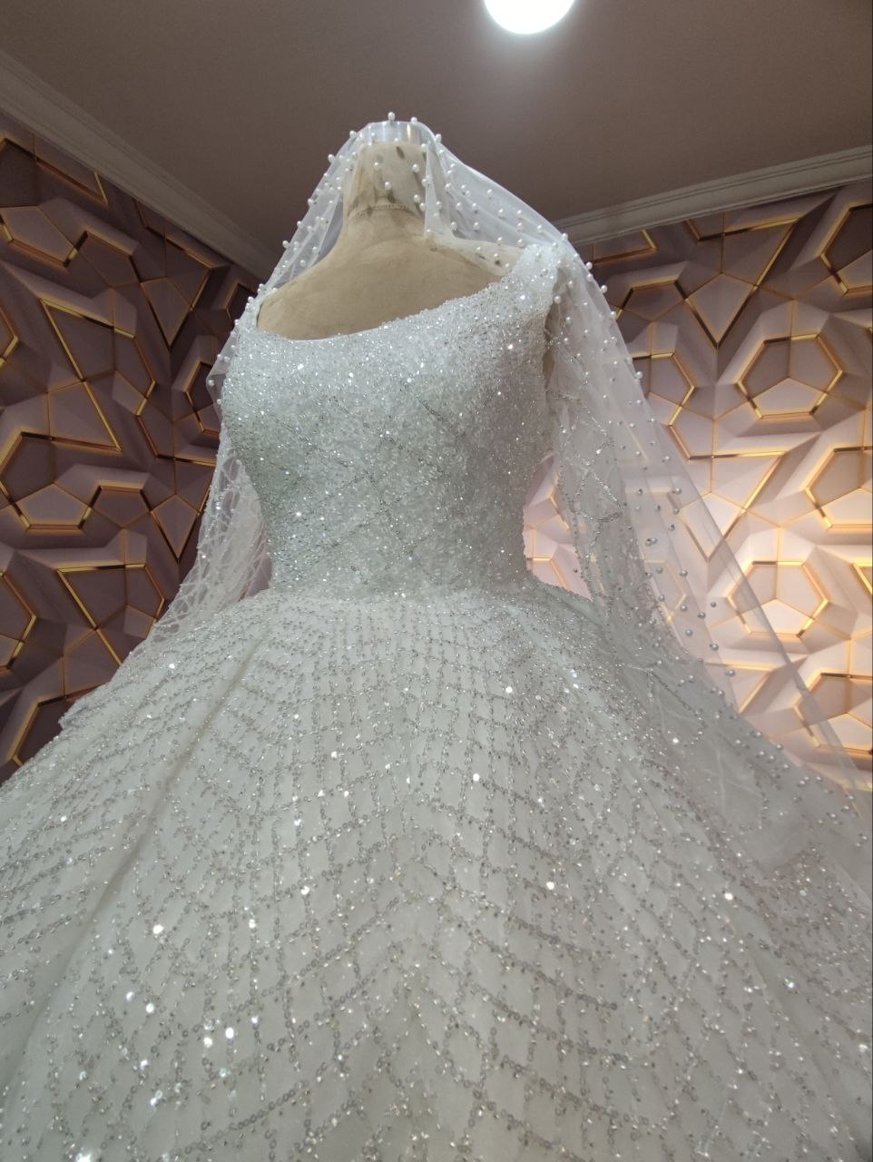 Luxurious Ball Gown Wedding Dress with Beaded Lace & Illusion Sleeves + Free Shipping & Free Complimentary bridal accessories
