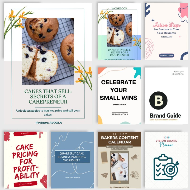 Cakes that sell: secrets of a cakepreneur (This is a book bundle.  It includes workbook + planner + checklist + Guides + Content Calendar etc)