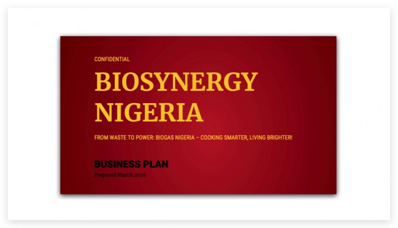 BioSynergy - Business Plan for Bio Gas for Cooking and Electricity