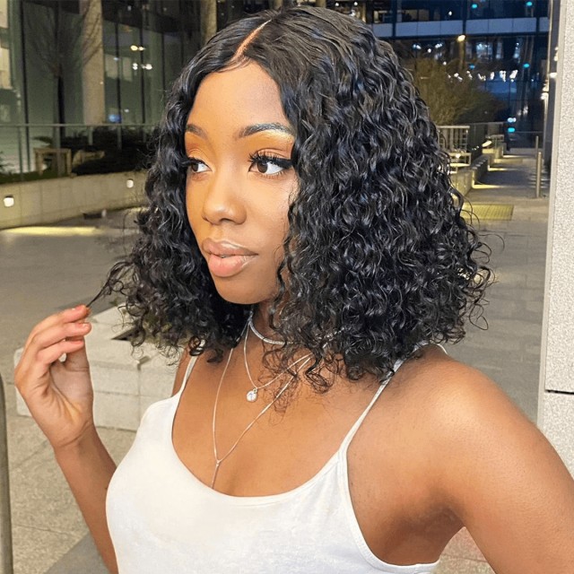 12” Deep Wave Human Hair Bob Wig Black -Transparent Lace 4x4 5x5 13x4 13x6