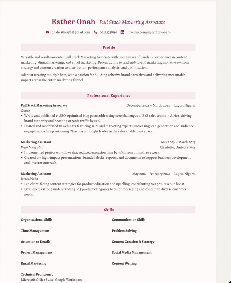 Hadassah's Free CV Template