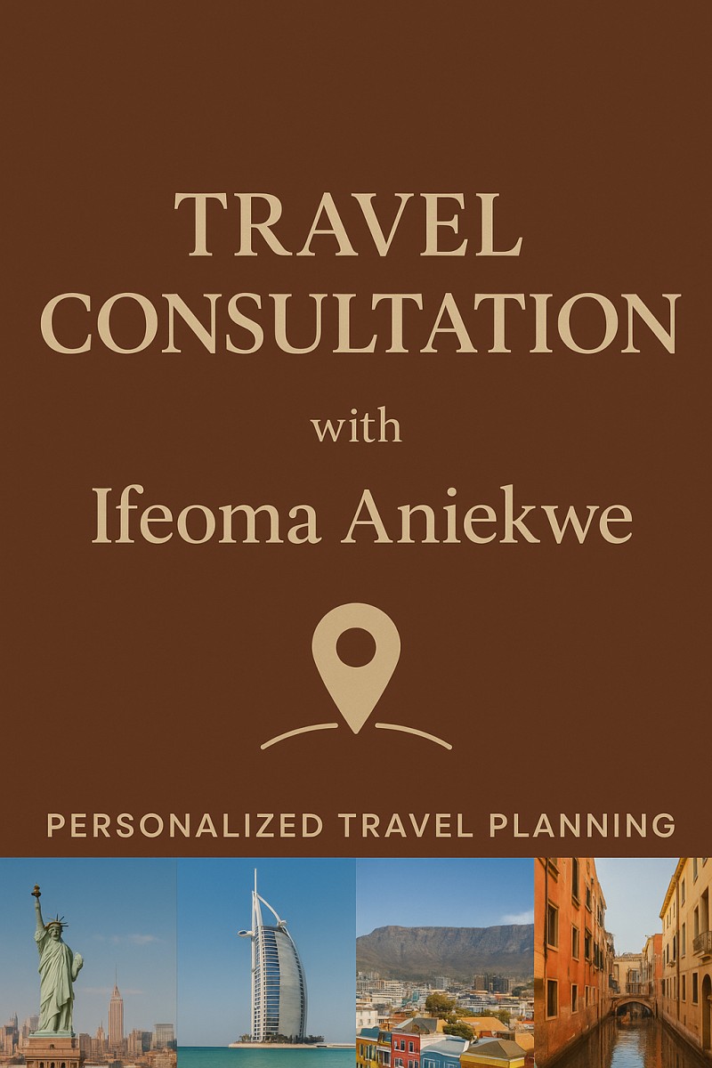 Travel Consultation – Explore the World with Purpose. Personalized travel planning with insight from real, lived experiences across Africa and beyond  designed to make your next trip intentional, stress-free, and unforgettable.