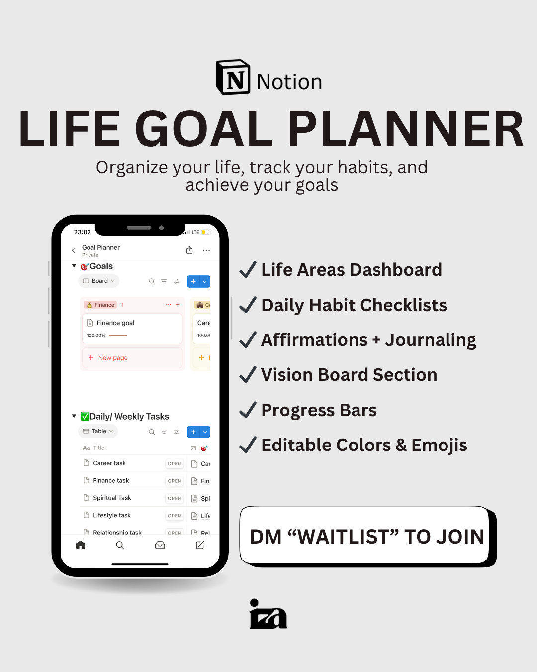 TRANSFORM YOUR LIFE - Join the waitlist & get 33% off  the mobile friendly notion goal planner