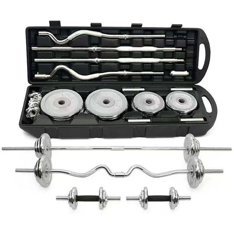 55kg dumbbell set with curved and straight bars in a rolling box