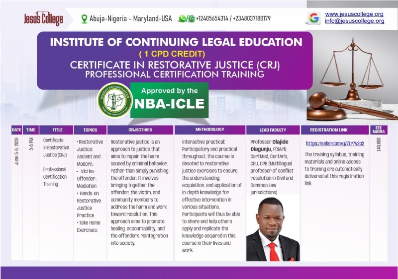 Certificate in Restorative Justice (CRJ) Approved by NBA-ICLE (2 CPD Credit)