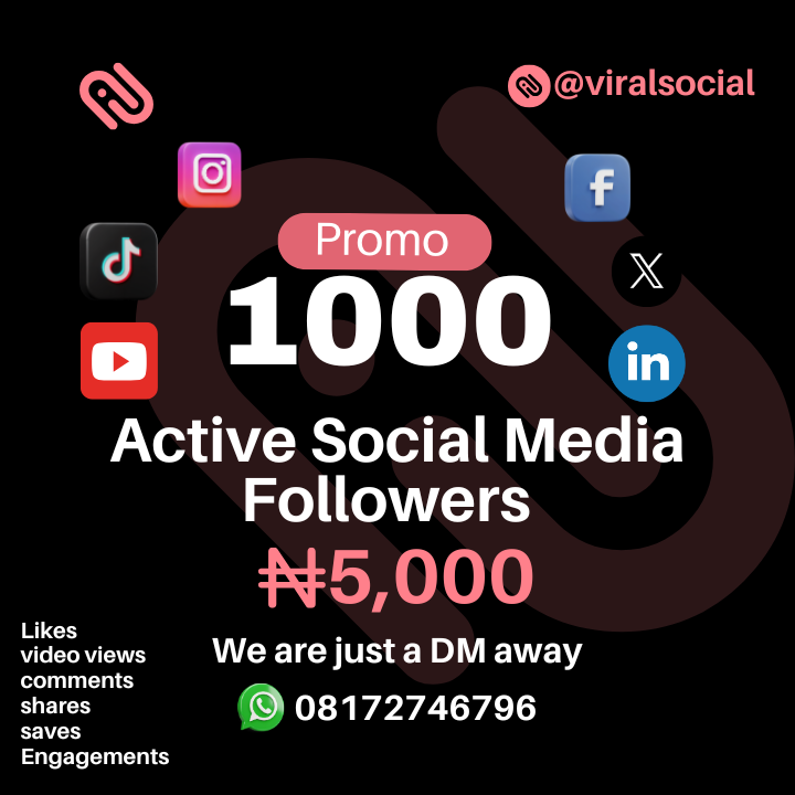 GET ACTIVE FOLLOWERS ON INSTAGRAM, FACEBOOK, TIKTOK, LINKEDIN, YOUTUBE AND TWITTER AT LOW PRICES.