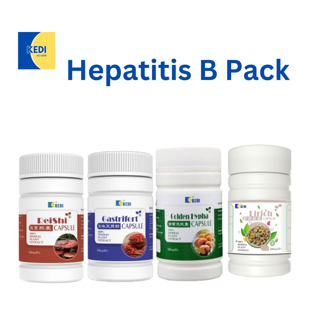 The KEDI Hepatitis B Herbal Treatment Pack - Reishi Capsule, Gastrifort Capsule, Golden Hypha Capsule and Lirich Capsule.