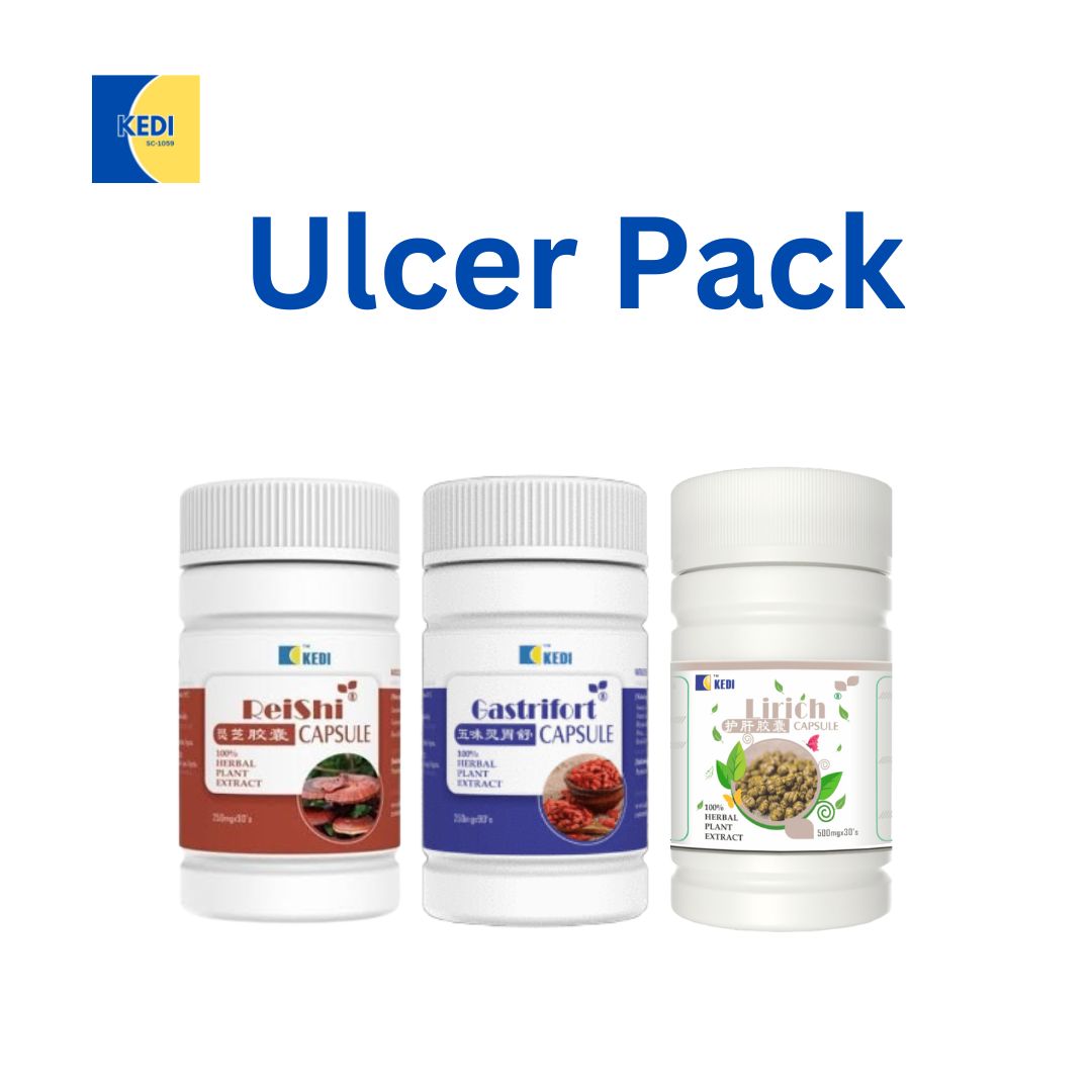 The KEDI Ulcer Herbal Treatment Pack - Reishi Capsule, Gastrifort Capsule, and Lirich Capsule.