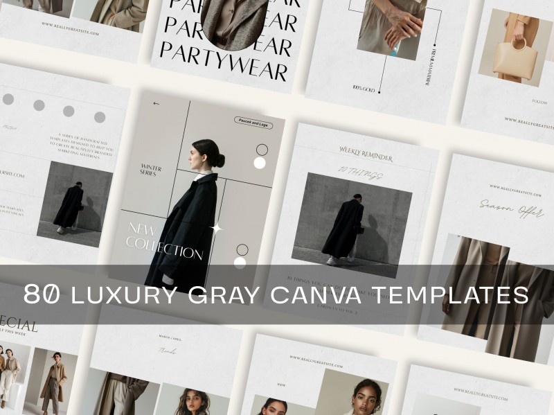 Luxury Gray Instagram Templates – 80 Minimalist Canva Portrait Posts | Elegant Social Media Kit for Managers & Brands