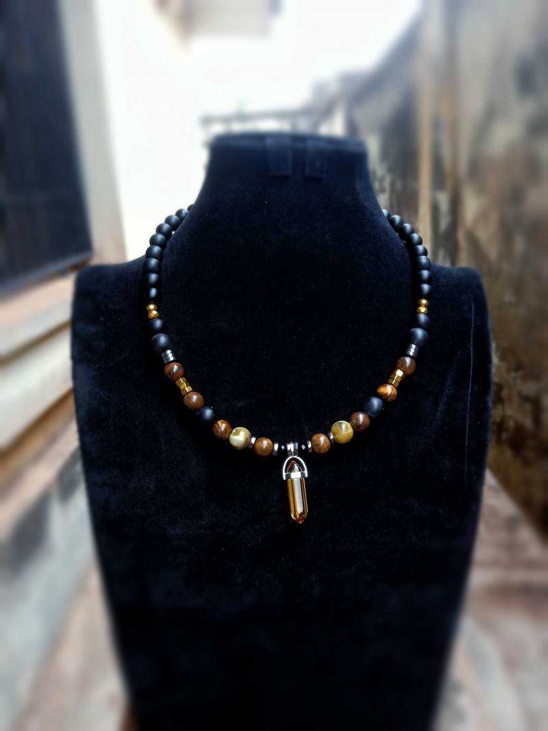 Gold Chakra healing crystal tigereyes stone Neckbead for men