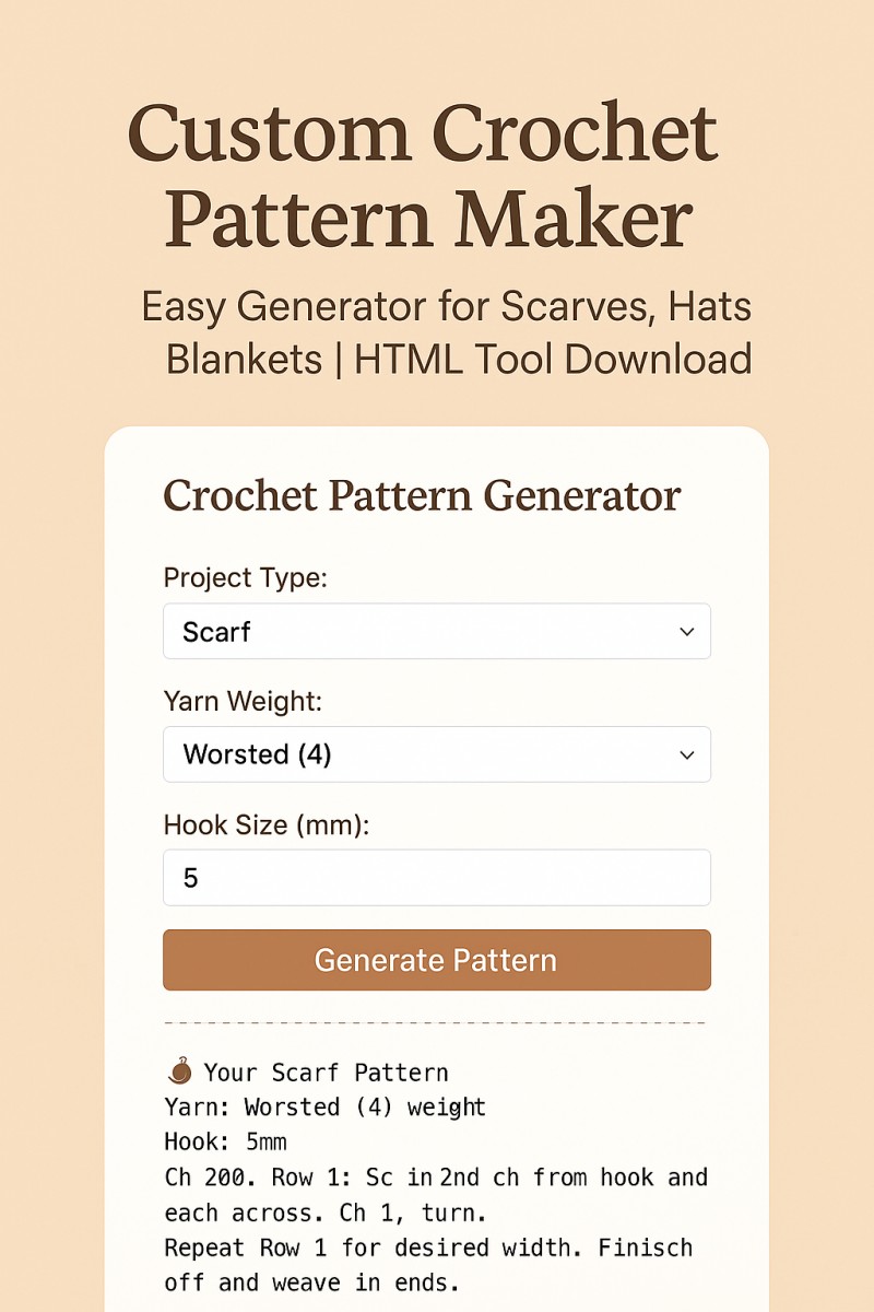 Custom Crochet Pattern Maker – Easy Generator for Scarves, Hats, Blankets | HTML Tool Download